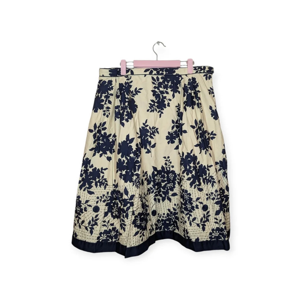 Coldwater Creek Cream & Navy Floral Print & Embroidered  A Line Skirt Woman XL